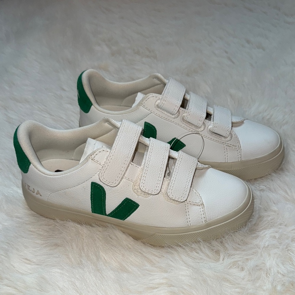 Veja White and Green Velcro Sneakers Minimalist Design